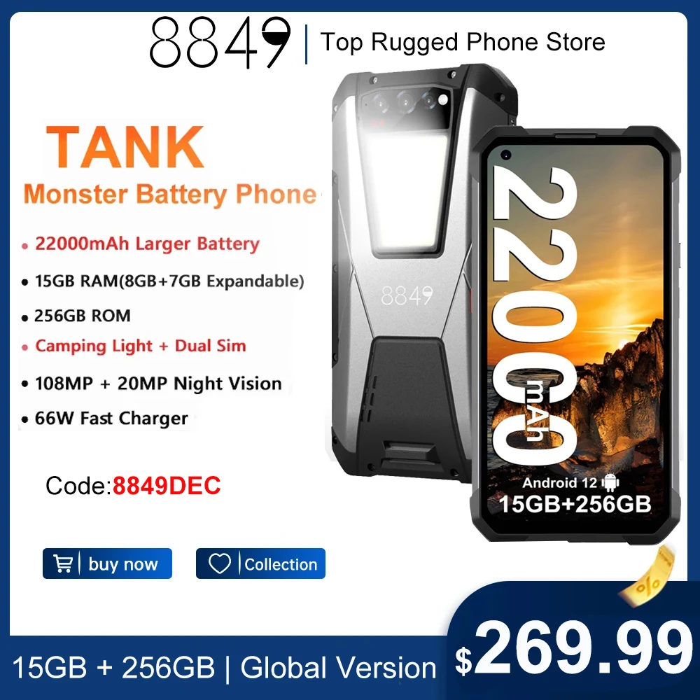 8849 Da Unihertz Tank Rugged Smartphone 15Gb 256Gb 22000Mah Batteria 108Mp Night Vision G99 Cellulare Cellulare Da Esterno
