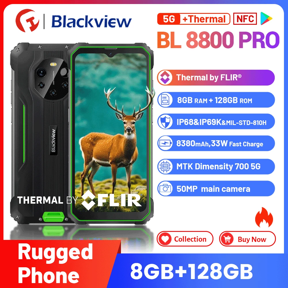 Blackview Bl8800 Pro Rugged Smartphone Thermal Imaging Camera Flir®, 8380Mah,50Mp, 8Gb + 128Gb, Cellulare Robusto Nfc Da 6.58"