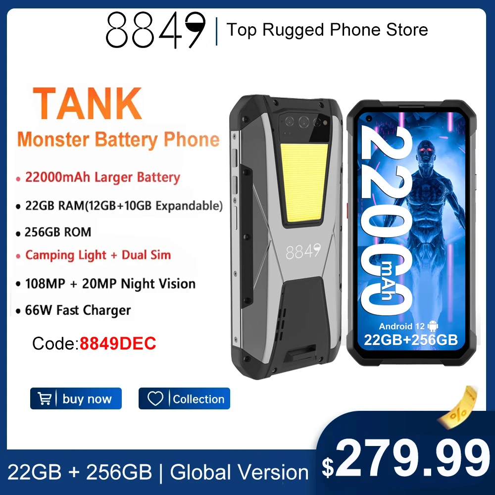 8849 By Unihertz Tank Rugged Smartphone Night Vision Cellulare 22Gb Ram 256Gb Rom 108Mp G99 22000Mah Batteria Cellulare