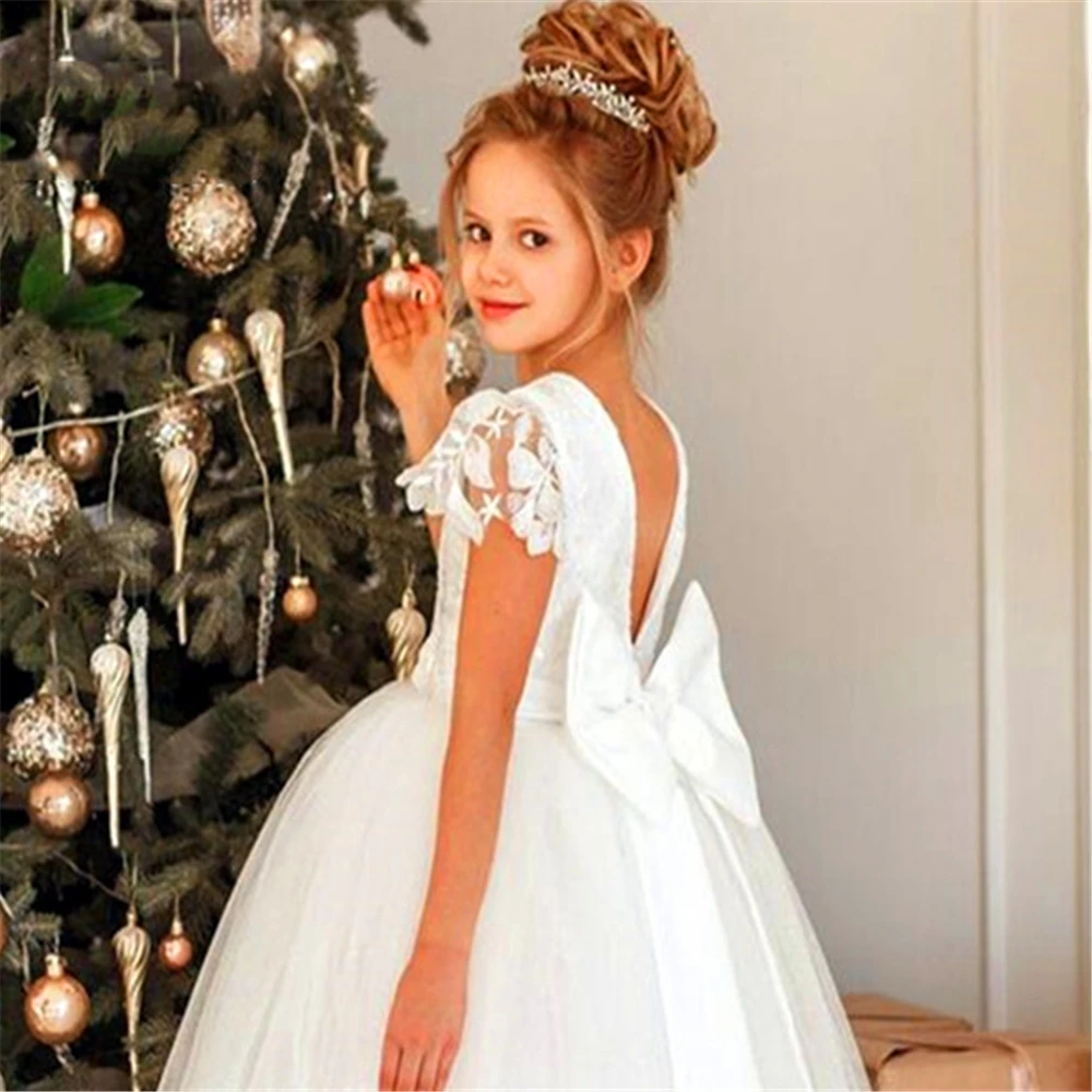 Flower Girl Dress White Angel Holy Bow Belt Bareback Princess Ball Beauty Pageant Prima Comunione Bambini Sorpresa Regalo Di Compleanno