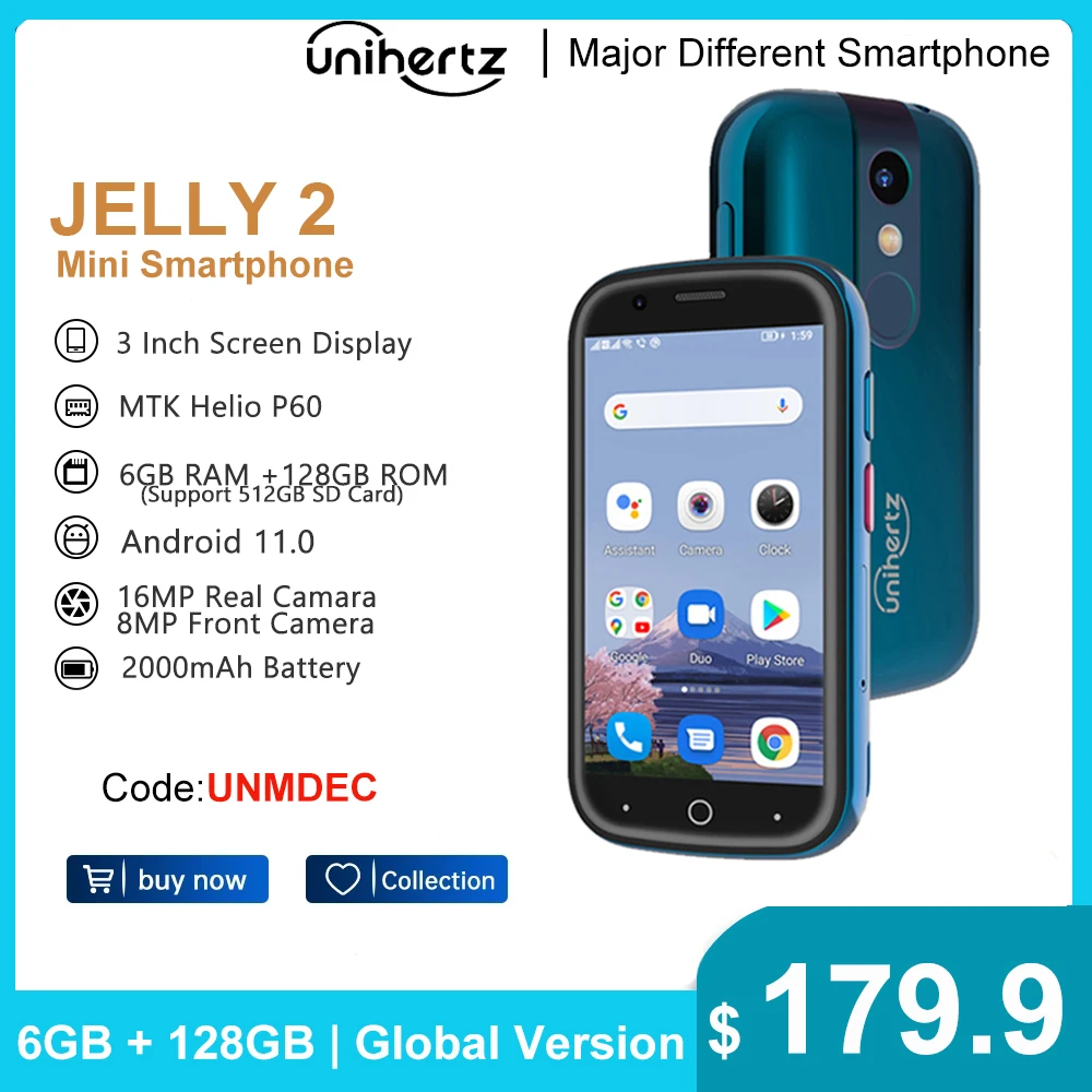 Unihertz Jelly 2 Piccolo Smartphone Android 11 Helio P60 Octa Core 4G Lte Smartphone Sbloccato Dual-Sim 6 Gb128Gb Cellulare Nfc