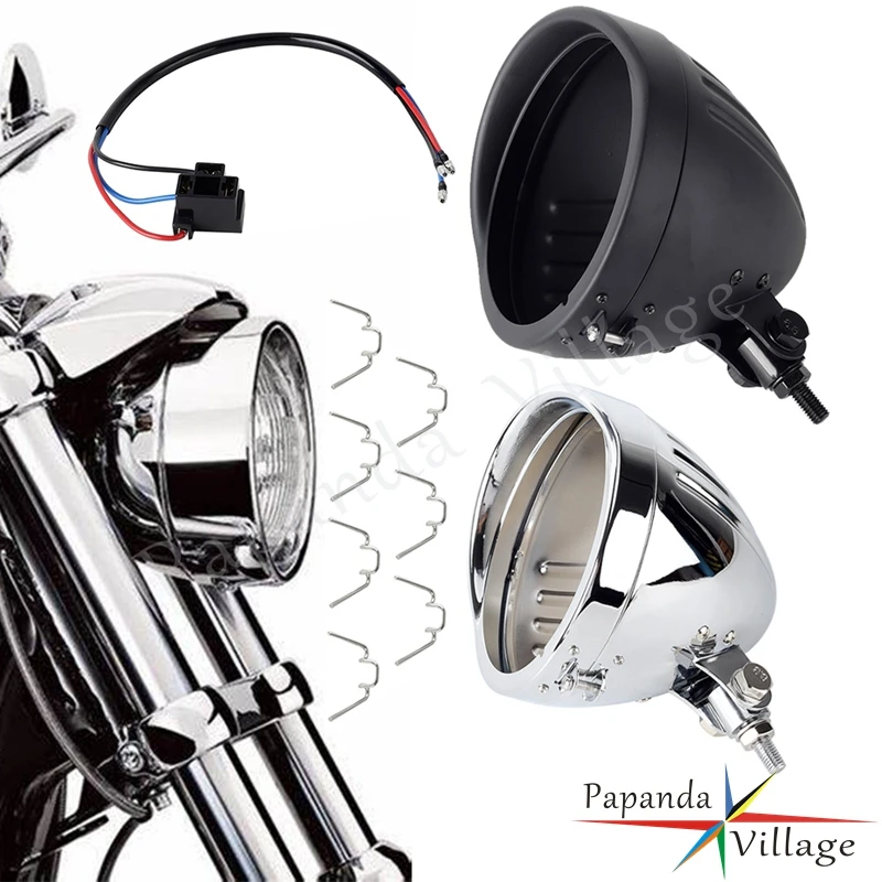 Faro Del Motociclo Retro Faro Secchio Shell Steel Head Lights Alloggiamento Per Harley Chopper Bobber Cafe Racer Custom Cruiser