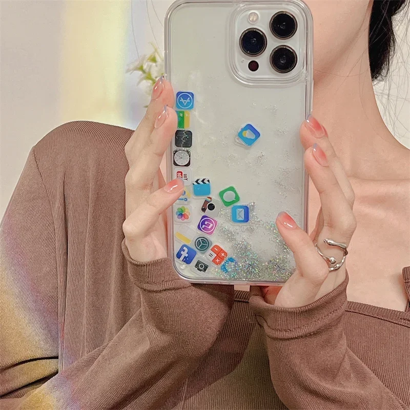 Icone App Sabbie Mobili Silver Sands Cover Per Iphone 13 14 15 Pro Custodia Glitter Para Funda Iphone 11 12 Pro Max Moving Sand Coque