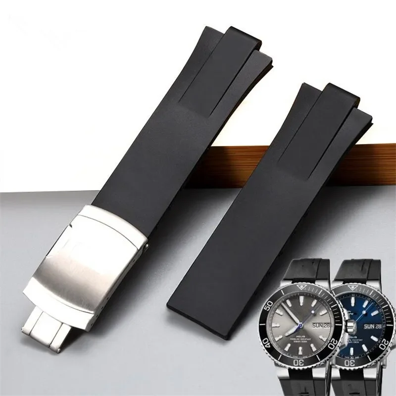 Durevole 24*11Mm Cinturino In Gomma Siliconica Convesso Nero Fibbia Pieghevole Cinturino Impermeabile Adatto Per Oris Aquis Watch Braceltet Logo