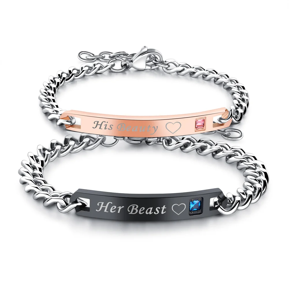 His Queen Her King His Beauty Her Beast Black Women'S Male Chain Crystal Couple Bracciale Hands Jewelry Regalo Di San Valentino
