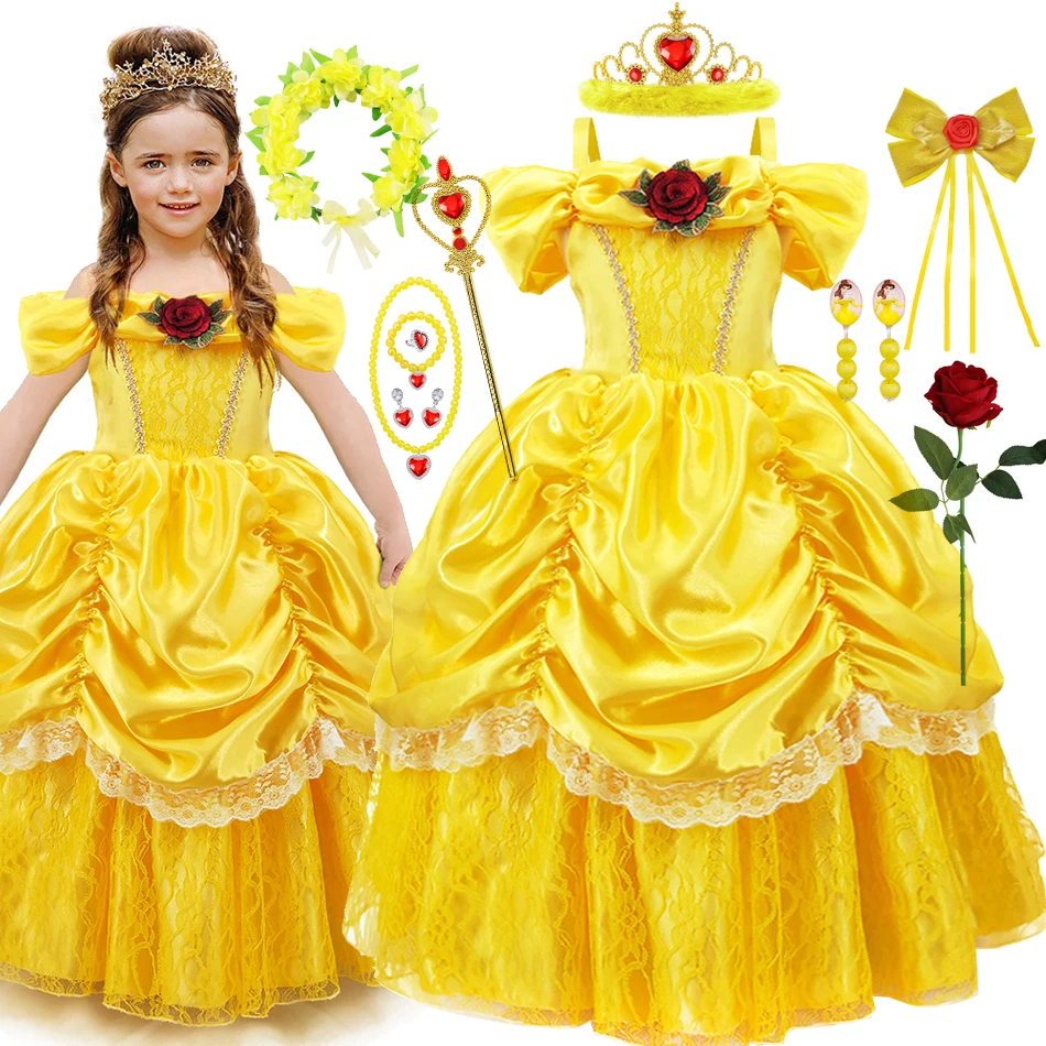 Ragazze Belle Dress Beauty And The Beast Princess Baby Girl Dress Halloween Cosplay Flowers Print Off Spalla Prom Costume 2-11T