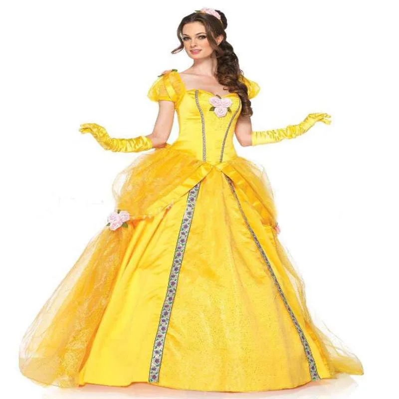 Beauty And The Beast Bell Yellow Long Dress Costume Di Halloween Belle Princess Dress Masquerade Carnival Adult Belle Role Suit