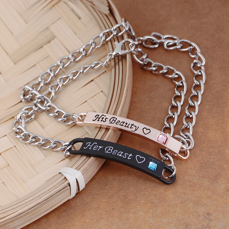 Braccialetto Carino His Beauty Her Beast Lettering Link Bangle Per Le Donne Black Rose Gold Coppia Gioielli Per Gli Amanti Moglie Fidanzato