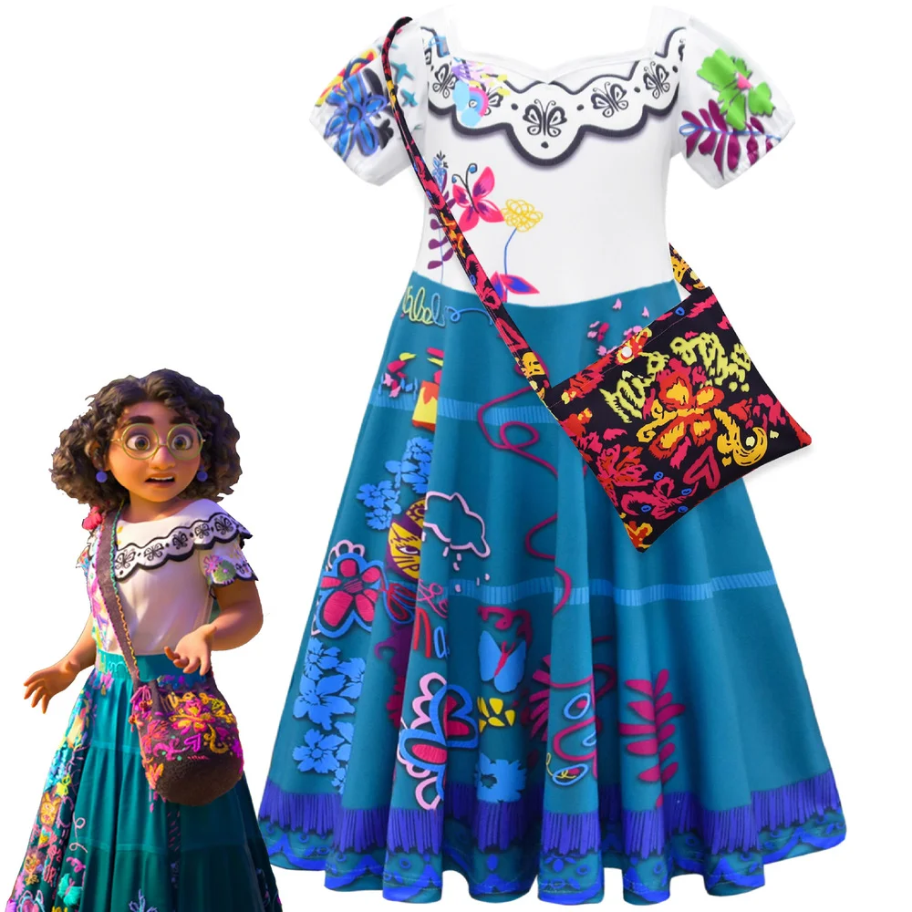 Mirabel Cosplay Kids Dresses Girls Encanto Princess Dresses Fashion Short Sleeve Baby Children Birthday Madrigal Party Clothing