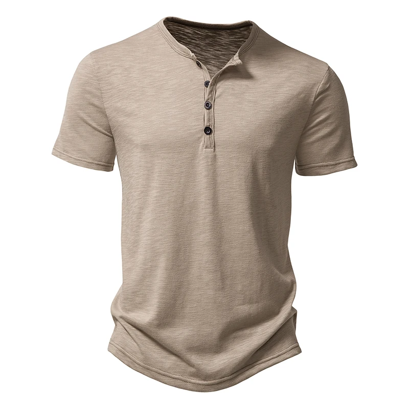 Uomo Estate Moda Hip Hop Streetwear T-Shirt Henry Collar Tinta Unita Cotone Top Tees Mens Casual Button T-Shirt Manica Corta