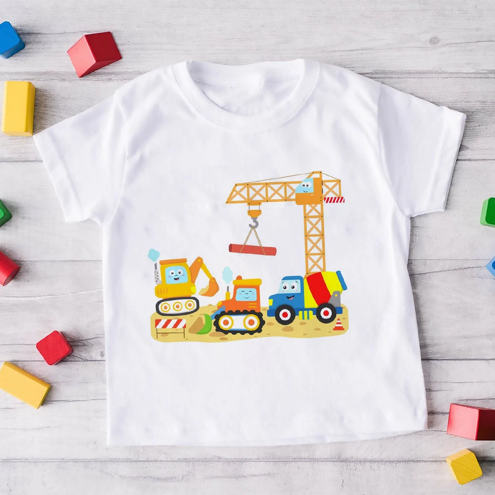 Kid Tshirt Construction Machines Print Toddler T-Shirt Baby Boys Clothes Tractor Kids Shirt Natural Work Zone Children Tee