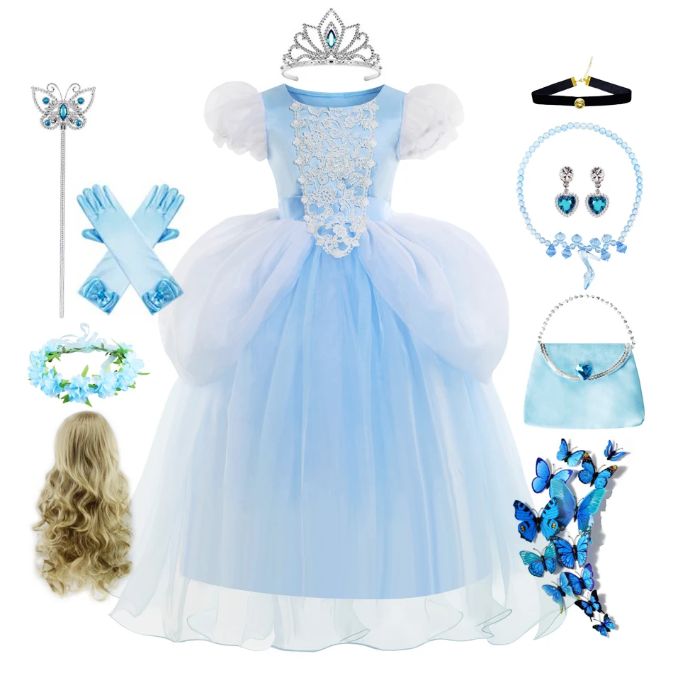New Cenerentola Lace Mesh Princess Dress Kids Christmas Dress Blue Ball Gown Birthday Queen Cosplay Abbigliamento Puff Dresses
