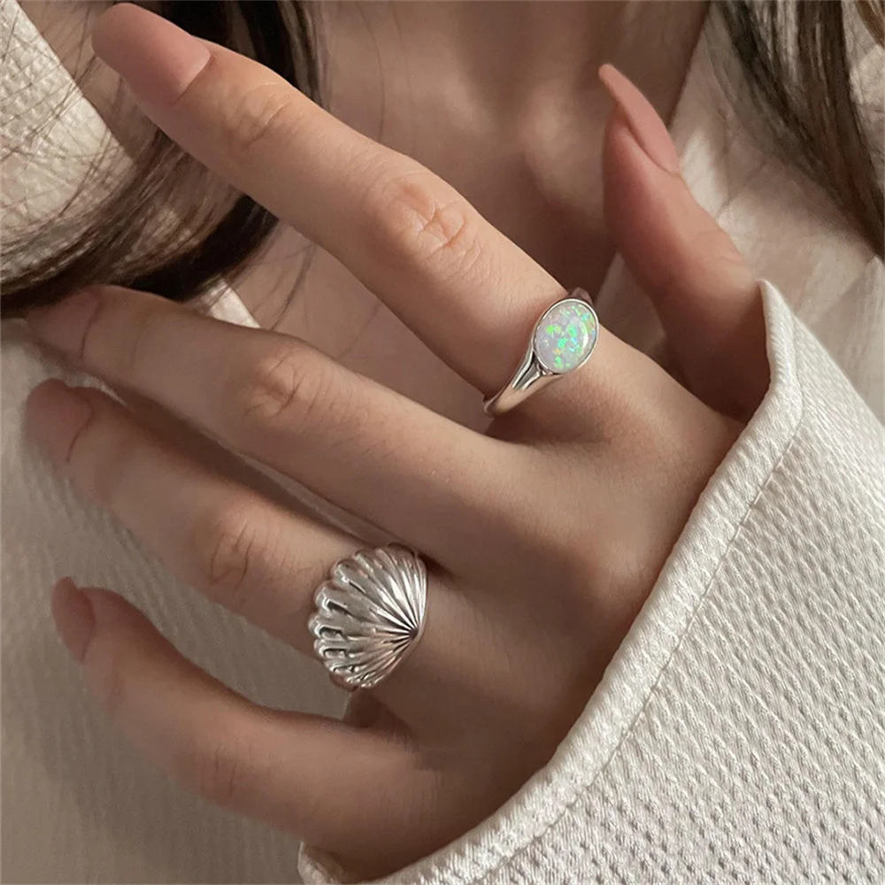 Shell Opal Stone Cuff Rings For Women Girl 2023 New Trend Fashion Vintage Jewelry Ladies Gift Party Anillos Mujer