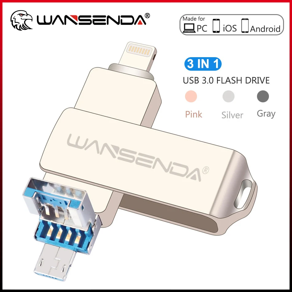 Wansenda Metal Usb Flash Drive Micro Usb Pen Drive 128Gb 64Gb 32Gb 16Gb Pendrive Usb Stick Per Iphone 14 Pro/14/13/12/11/Xs Max