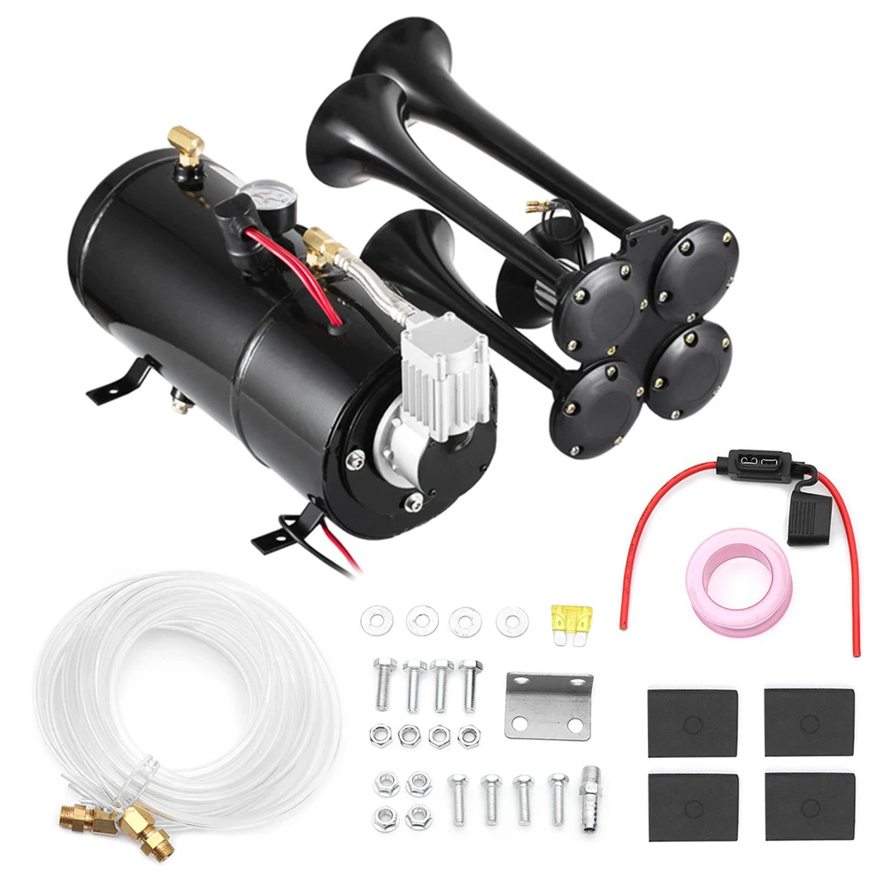 12V Super Loud Zinc 4 Tromba Air Horn 150Db Kit Compressore Elettrico A Tromba D'Aria Per Veicolo Camion Auto Suv Barca Treno Corno Con Cappuccio