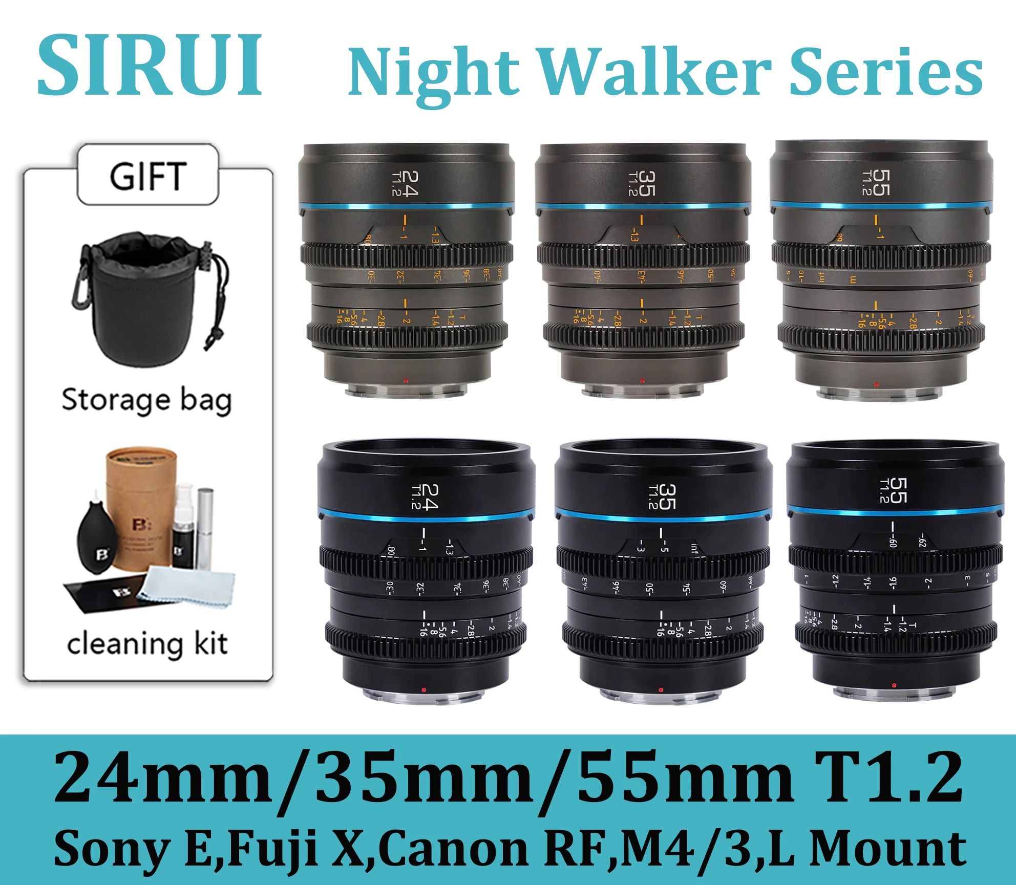 Sirui Night Walker 24Mm 35Mm 55Mm T1.2 S35 Cine Lens Per Sony E Fuji X Canon Rf Red Komodo Rf Lumix Mft M4/3 Mount Camera