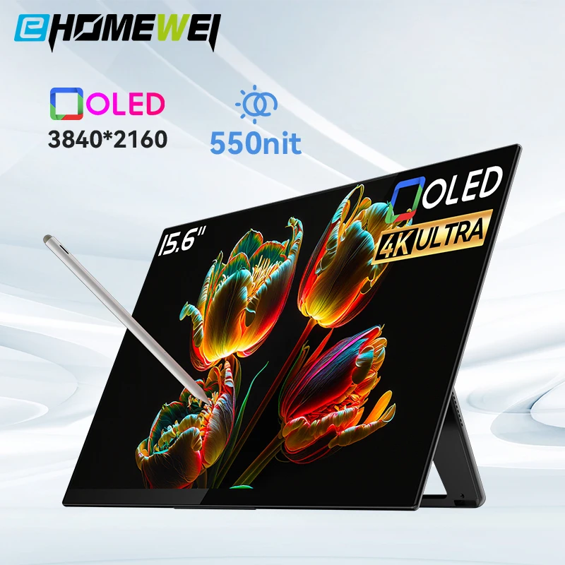 Ehomewei Monitor Portatile Ro5 Oled 15.6 "4K 60Hz 100% Dci-P3 Monitor Touch Stylus Per Pc Portatile Ps5 Xbox