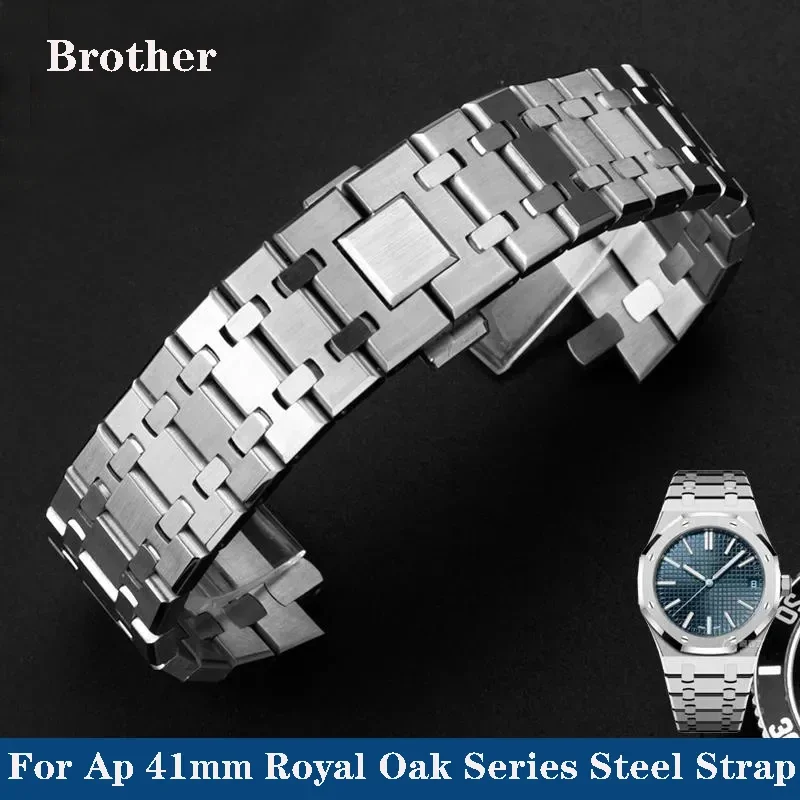 Per Ap 41Mm Serie Royal Oak 15400 15500 Accessori Concavi-Convessi Cinturini In Acciaio Massiccio Argentato Da Uomo D'Affari 26Mm