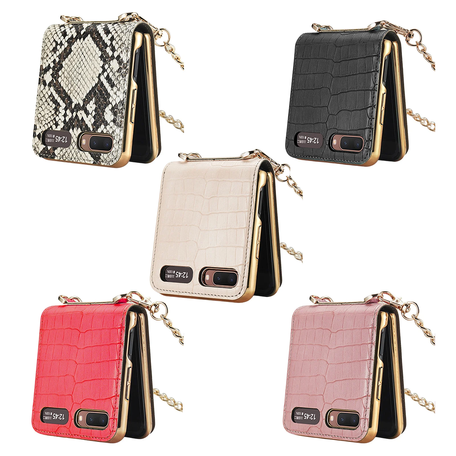 Leather Phone Case For Samsung Galaxy Z Flip Smartphone Case With Chain Anti-Lost Shockproof Foldable Cellphone Protective Cover