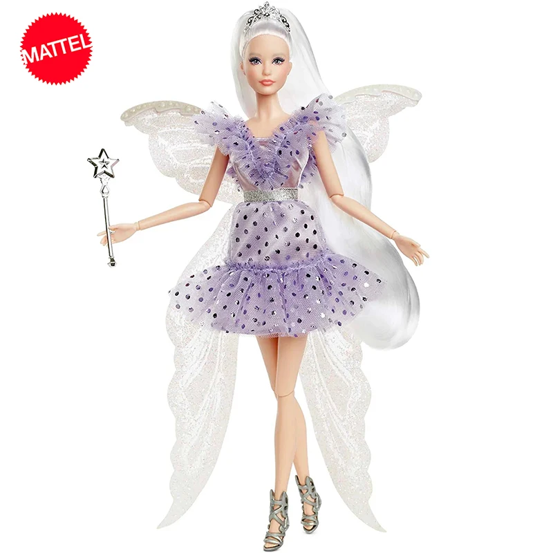 Original Mattel Signature Barbie Doll Tooth Fairy Gonna Maculata Viola Con Ali Bacchetta Accessori Giocattoli Per Regalo Collezione Ragazza