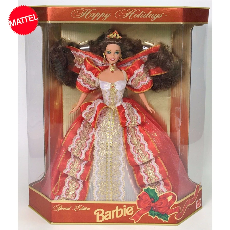 Original Mattel Barbie Happy Holidays Doll 1997 Special Edition Brown Hair Crown Dress Princess Toys For Girls Collection Gift