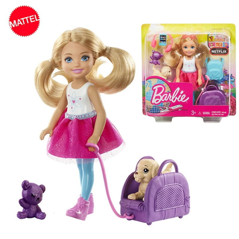 Original Mattel Barbie Travel Chelsea Doll Con Accessori E Puppy Educational Prop Toys For Girls Children Collection Gift