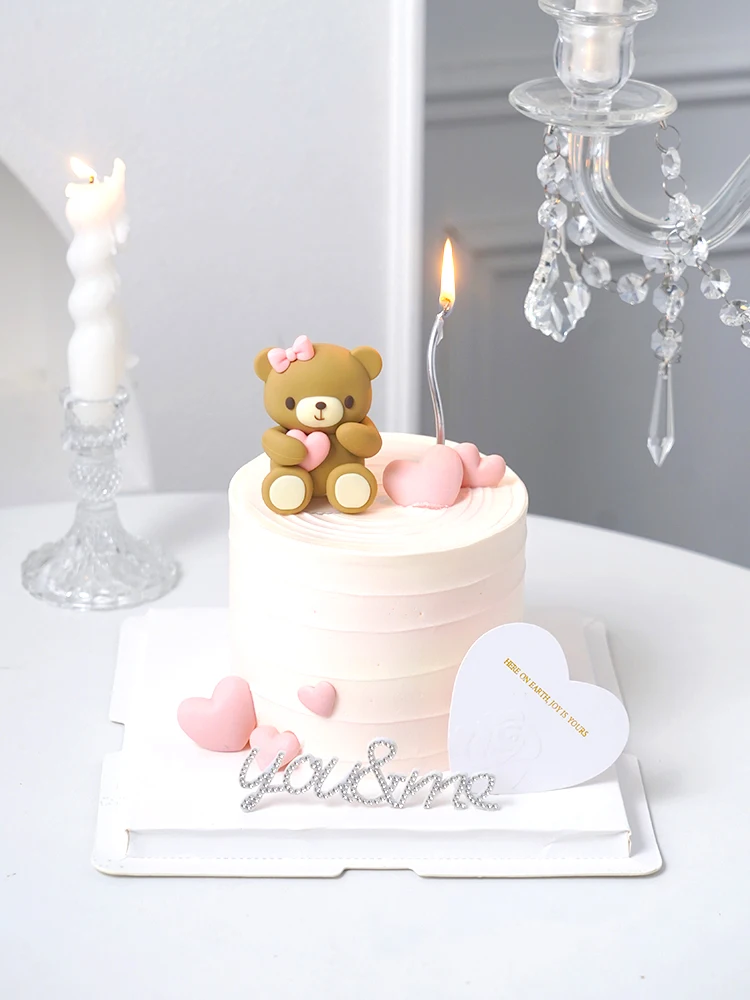 Bear Cake Toppers Pink Blue Bear Statue Doll Boy Girl Happy One 1St Birthday Cake Decoration Baby Shower Bear Theme Party Decors