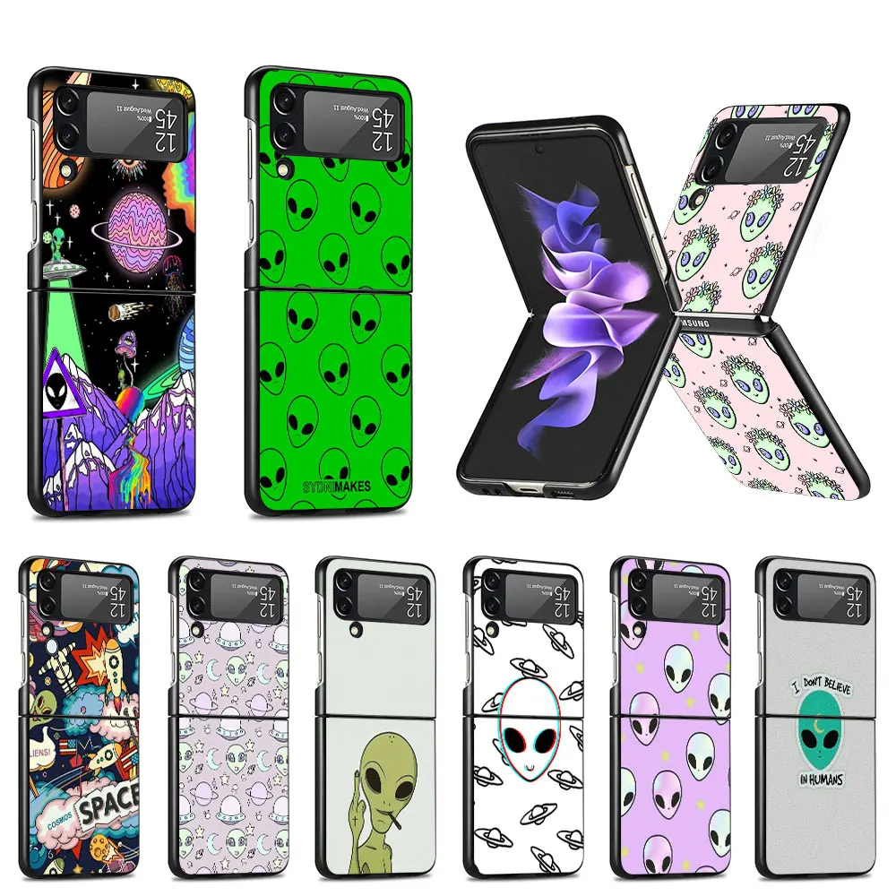 Cartoon Alien Space Case Per Samsung Galaxy Z Flip 3 4 5G Flip4 Flip3 Black Hard Pc Coque Zflip3 Zflip4 Cute Cover Per Cellulare