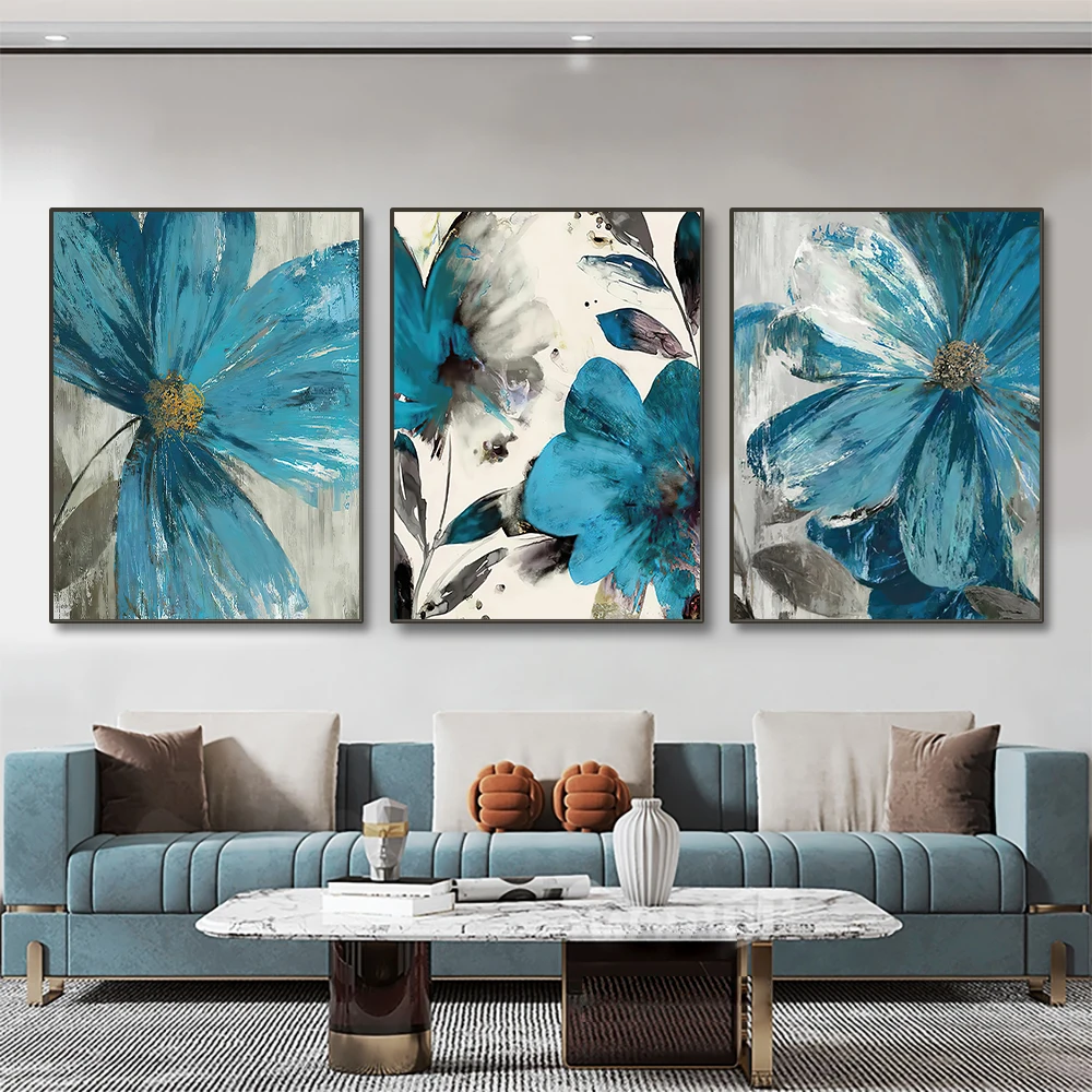 Astratta Wall Art Vintage Blue Paint Flowers Canvas Painting Blooming Still Life Poster E Stampe Wall Art Picture No Frame