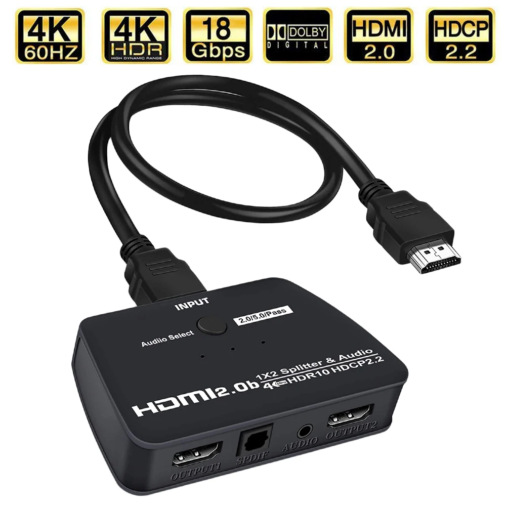 2024 Best 4K Hdmi Splitter 1X2 Hdmi Splitter Audio Extractor 1 In 2 Out Hdr Hdmi2.0 Amplificatore Splitter Per Ps4 Apple Tv Xbox Ps5