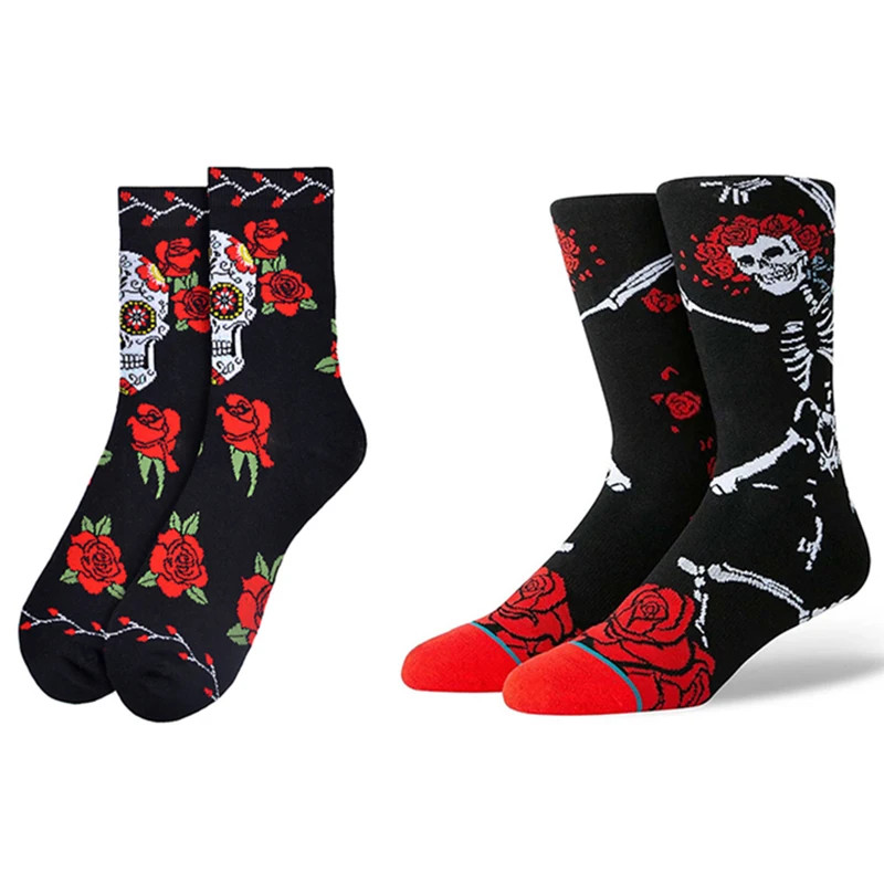 2 Paia/Pacco Retro Red Rose Skull Colorful Skeleton Unisex Crew Socks Cotton Gothic Coppia Calze Novità Donna Uomo Calzini