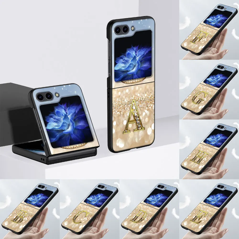 Lettere Da A A J Gold Crown Diamond Funda Per Samsung Galaxy Z Flip5 Custodia Pieghevole Z Flip 5 Zflip5 Black Hard Pc Phone Shell