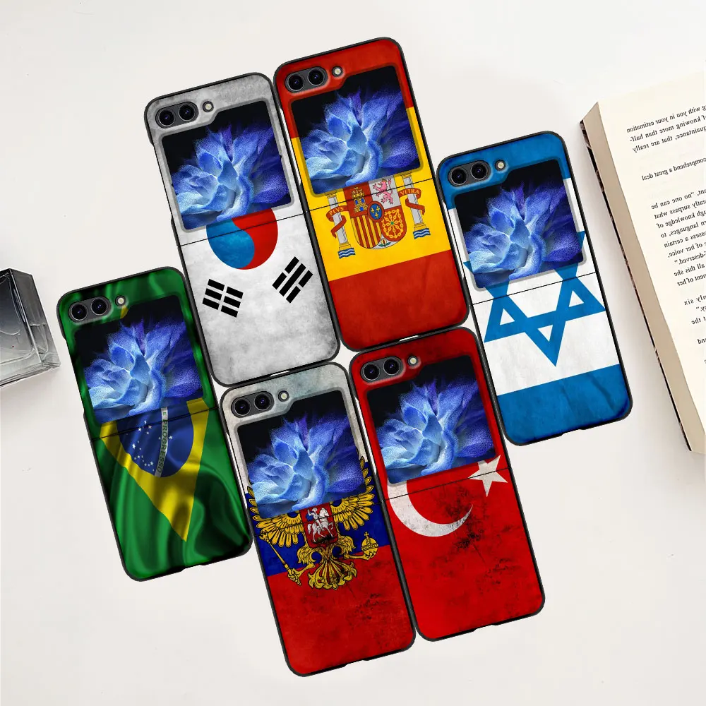 Bandiera Nazionale Ru Fr Uk Custodia Per Samsung Galaxy Z Flip 5 Flip5 Black Hard Pc Coque Zflip5 Copertura Del Telefono Cellulare Paraurti