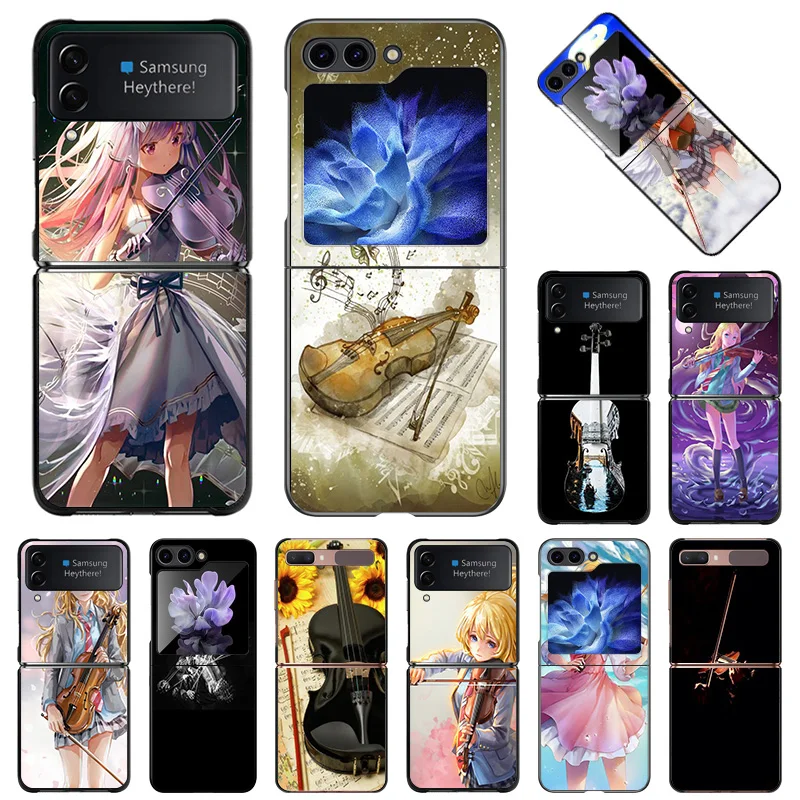 Per Samsung Galaxy Z Flip5 Flip3 Flip4 Hard Black Antiurto Zflip 5G Violin Girl Angel Phone Shell Case Cover