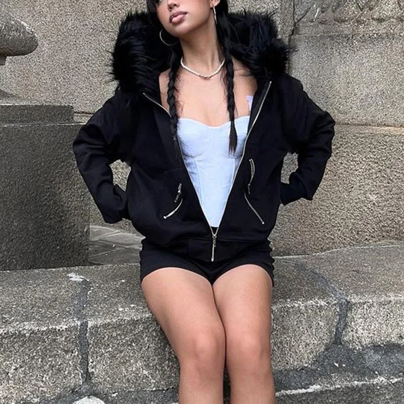 Goth Dark Faux Fur Collar Felpe Con Zip Con Cappuccio Gothic Grunge Tasche Autunno Giacche Nere Donna Y2K Streetwear Egirl Cardigan