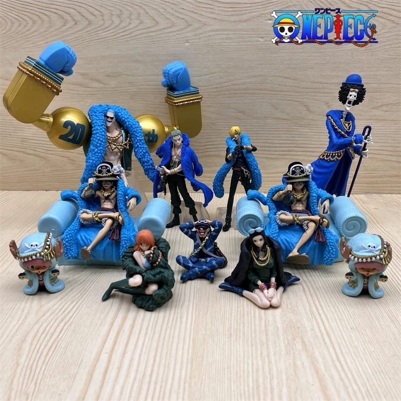 One Piece 20Th Anniversary Figures Rufy Zoro Sanji Chopper Nami Blue Clothes Action Figurine Anime Model Xmas Gift Toy Decor