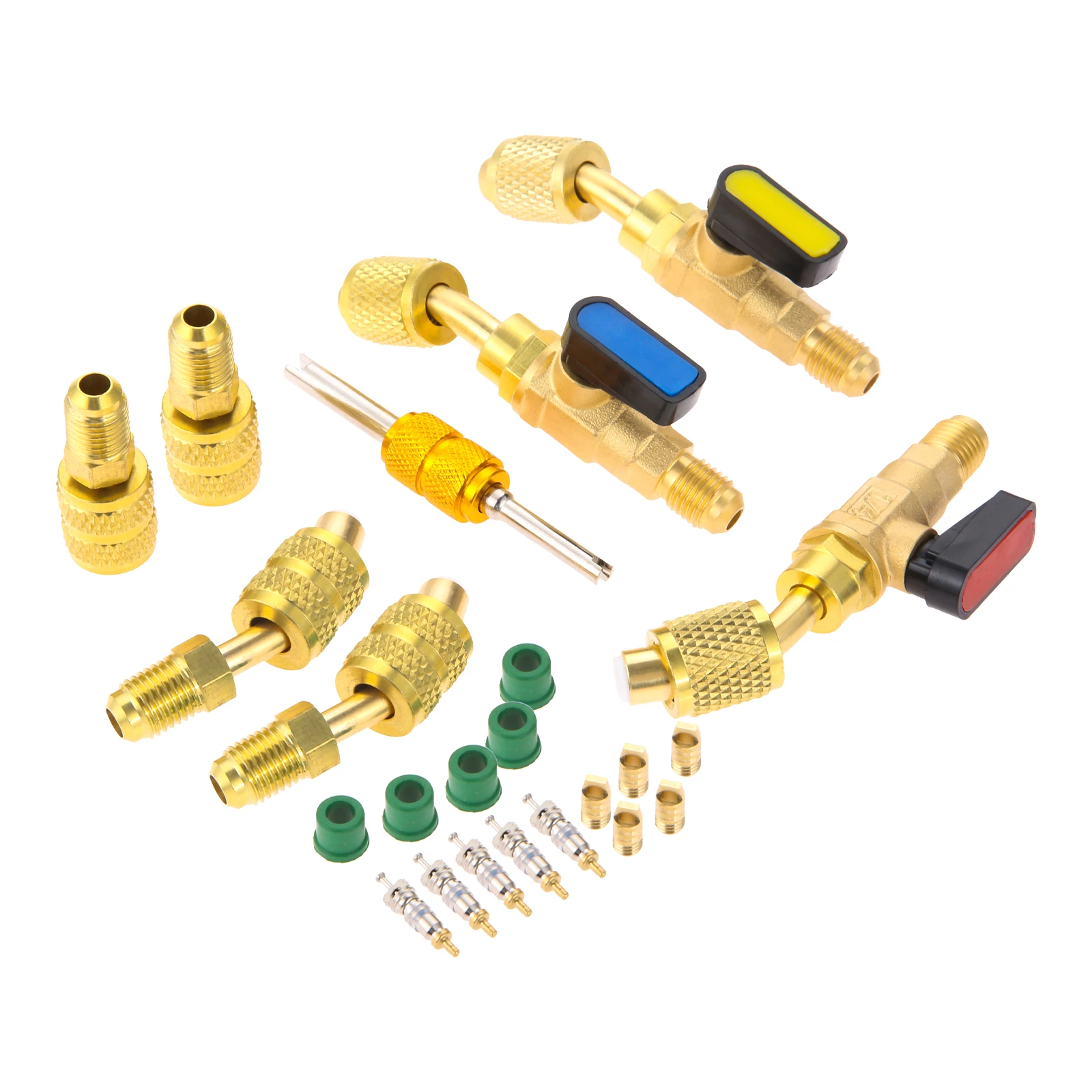 Ac Refrigerant Angled Compact Ball Valve 1/4" Sae Kit,Valve Core Remover With 45° Straight Adapter,Thimble For Mini Split System