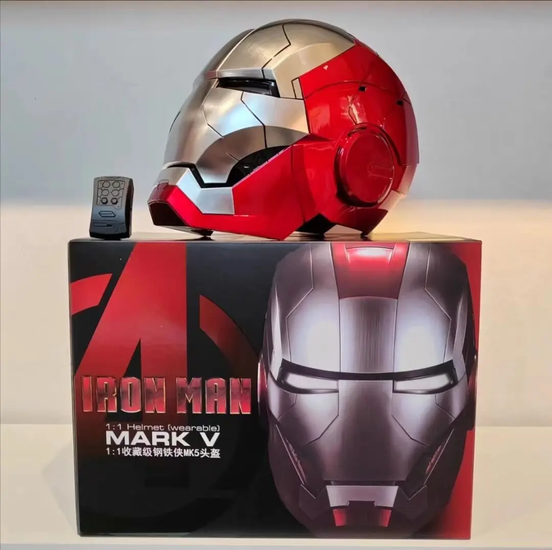 2023 New White Iron Man Cosplay 1:1 Mk5 War Machine Helmet Casco Elettrico Open Close Giocattolo Telecomandato Vocale Inglese Cinese