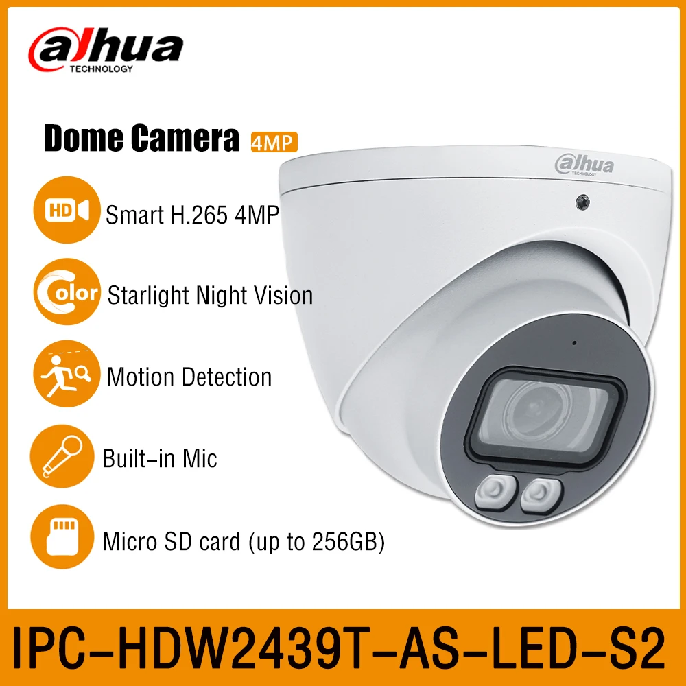 Dahua Originale Ipc-Hdw2439T-As-Led-S2 4Mp Microfono Integrato Telecamera Ip Ir 30M Full-Color Ip67 Wdr Eyeball Network Dome Poe Camera
