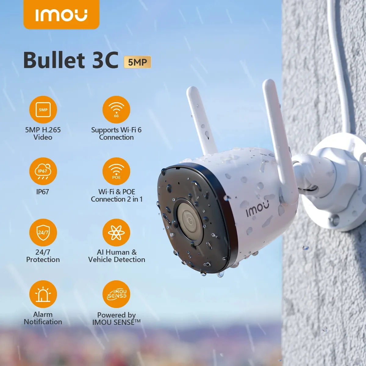 Imou Bullet 3C 5Mp Ip Camera Outdoor Wifi Vehicle Detection Ip67 Night Vision Security Protection Smart Camera