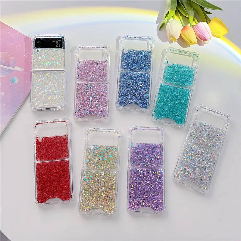 Per Samsung Galaxy Z Flip 4 Flip 3 Custodia Fantasia Paillettes Trasparente Pieghevole Per Samsung Z Flip 1 2 Cover Posteriore Rigida Antiurto