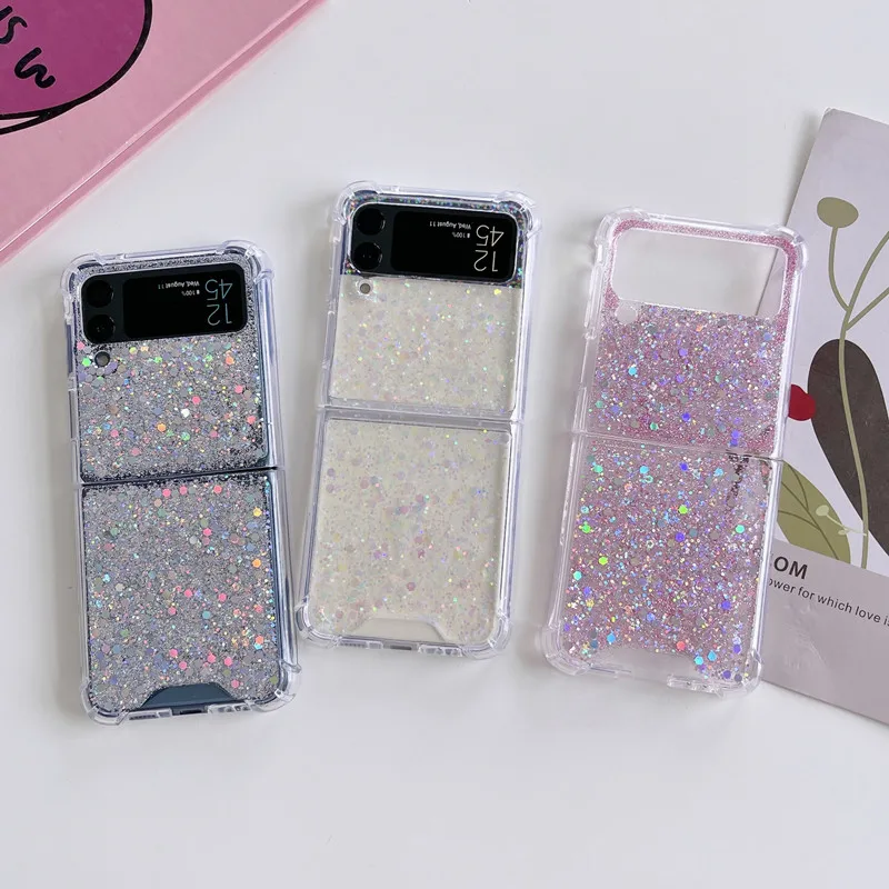 Per Samsung Galaxy Z Flip 4 Flip 3 Custodia Fantasia Paillettes Trasparente Pieghevole Per Samsung Z Flip 1 2 Cover Posteriore Rigida Antiurto