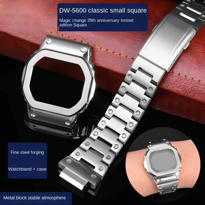 Per Casio 3229 Dw5600 Mod Kit Gshock Small Block Gw5610 Dw-5600 Gw-B5600 Cinturino In Metallo + Custodia In Acciaio Di Precisione Semplice Tinta Unita