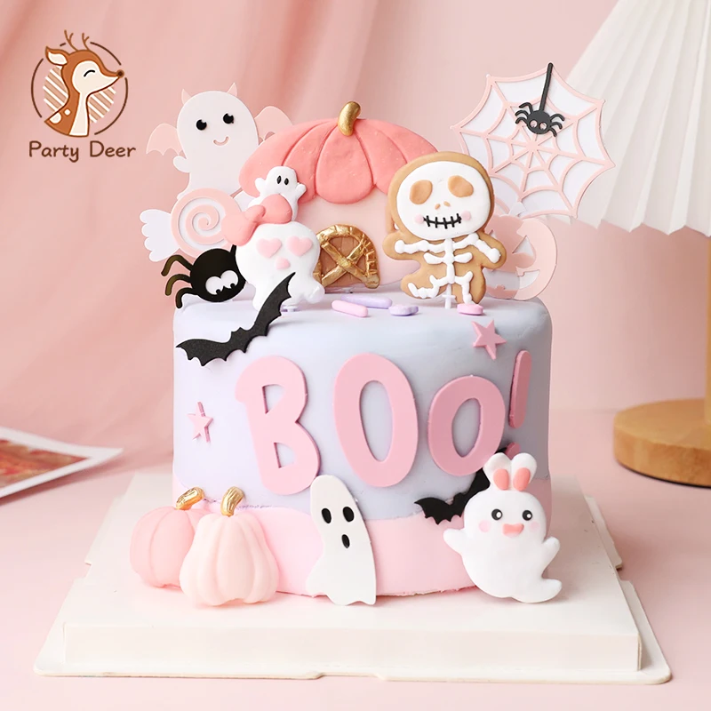 Halloween Pink Skeleton Ghost Pumpkin House Spider Bat Ghost Cake Topper Dolcetto O Scherzetto Forniture Per Feste Regali Per La Decorazione Del Desse