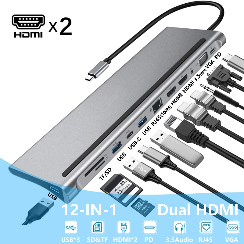 Dock Usb C Dual Hdmi-Compatibile Vga Usb Hub Adapter Type C Docking Station Per Laptop Per Hp Elitebook Dell Latitude Xps Lenovo Thinkpad Yoga Asus