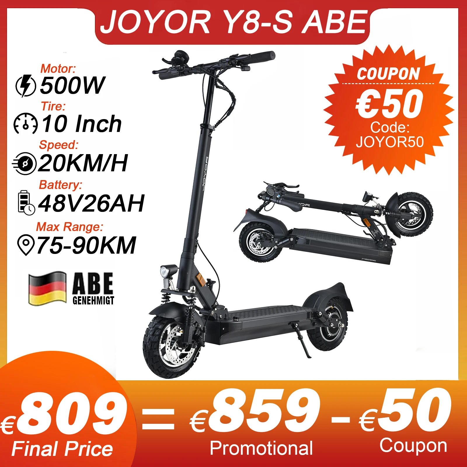 Joyor Y8-S Abe Scooter Elettrico 500W Potente Motore 10 ''90Km A Lunga Distanza Smart Citycoco Escooter 26Ah Scooter Per Adulti
