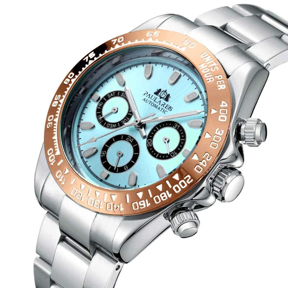 Orologi Automatici Auto Wind Meccanico Oro Acciaio Inossidabile Glacier Ice Blue Dial Chestnut Brown Bezel Orologio Da Uomo Luminoso