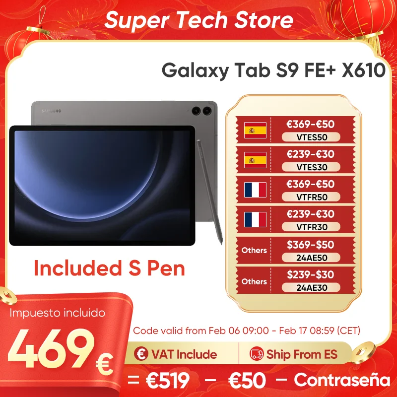 Originale Samsung Galaxy Tab S9 Fe + X610 Exynos 1380 Wifi Android Tablet S Pen 12.4 "90Hz Ips Schermo Lcd Batteria 10090Mah