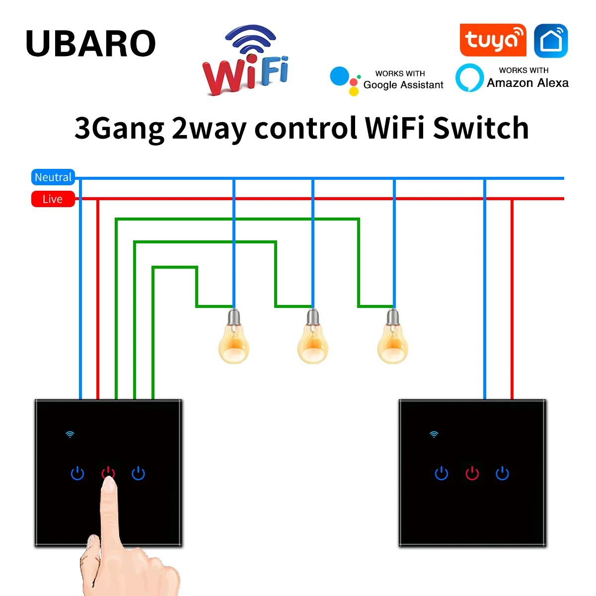 Ubaro Eu Standard Wifi Smart Stair Touch Switch Pannello Di Vetro Di Lusso Pulsante A Levetta Controllo App Voce Alexa Google Home 1Gang 2 Vie