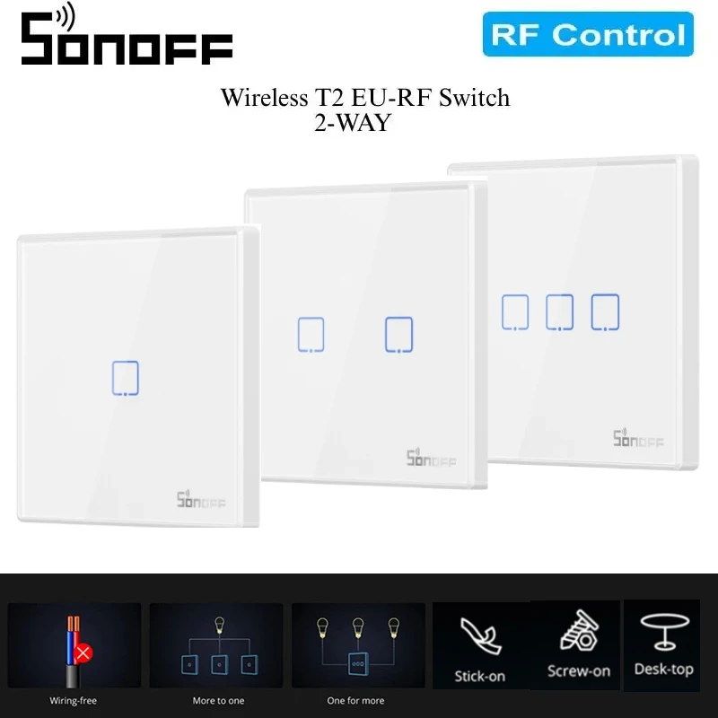 Sonoff T2Eu-Rf Smart Light Switch 1/2/3Gang Touch Wall Panel Rf 433Mhz Sticky-On Wall Switch Funziona Con Rfr2 Rfr3 Tx Series